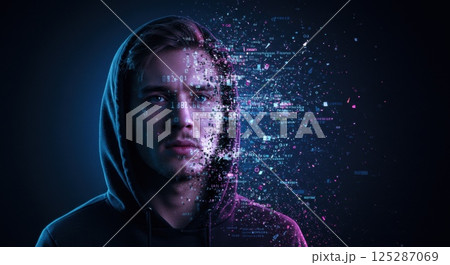 A young man wearing a black hoodie gazes intently as he is surrounded by a swirling array of digital data fragments. The background features a dark, futuristic setting illuminated by blue and pink 125287069