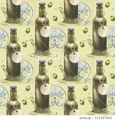 Olive oil glass bottle with paper tag in oil puddle decorated with floral ornament and olive fruits illustration on light.Abstract geometric background with Italian vegan food for concept design 125287081