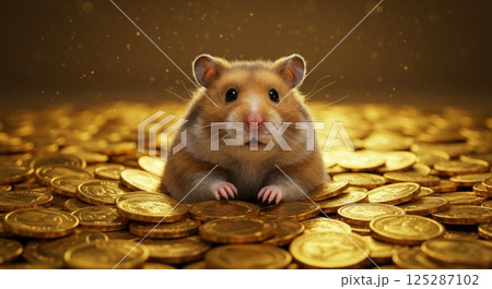 A small hamster with fluffy fur sits curiously amidst a pile of golden coins. Its round eyes gaze upwards with a look of innocence and wonder. The background sparkles softly, enhancing the charming A small hamster with fluffy fur sits curiously amidst a pile of golden coins. Its round eyes gaze upwards with a look of innocence and wonder. The background sparkles softly, enhancing the charming 125287102