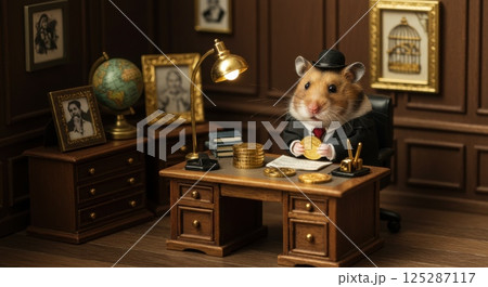 A small hamster, dressed in a black suit and top hat, is seated at a wooden desk in a cozy office setting. The desk is adorned with stacks of gold coins and a glowing lamp. Behind the hamster, there 125287117