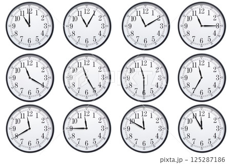 A sequence of 12 analog clocks showing each hour from 11:00 to 11:55 or 23:00 to 23:55. Clean white background ideal for concepts related to time, punctuality, or scheduling A sequence of 12 analog clocks showing each hour from 11:00 to 11:55 or 23:00 to 23:55. Clean white background ideal for concepts related to time, punctuality, or scheduling 125287186