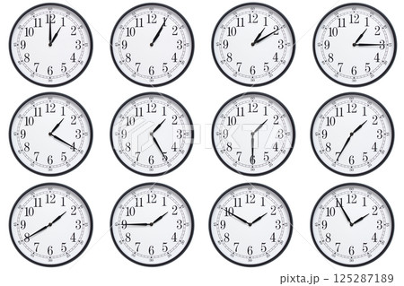 A sequence of 12 analog clocks showing each hour from 01:00 to 01:55 or 13:00 to 13:55. Clean white background ideal for concepts related to time, punctuality, or scheduling A sequence of 12 analog clocks showing each hour from 01:00 to 01:55 or 13:00 to 13:55. Clean white background ideal for concepts related to time, punctuality, or scheduling 125287189