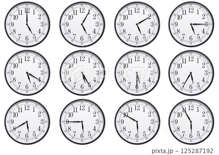 A sequence of 12 analog clocks showing each hour from 05:00 to 05:55 or 17:00 to 17:55. Clean white background ideal for concepts related to time, punctuality, or scheduling A sequence of 12 analog clocks showing each hour from 05:00 to 05:55 or 17:00 to 17:55. Clean white background ideal for concepts related to time, punctuality, or scheduling 125287192