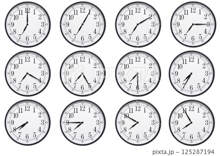 A sequence of 12 analog clocks showing each hour from 07:00 to 07:55 or 19:00 to 19:55. Clean white background ideal for concepts related to time, punctuality, or scheduling A sequence of 12 analog clocks showing each hour from 07:00 to 07:55 or 19:00 to 19:55. Clean white background ideal for concepts related to time, punctuality, or scheduling 125287194