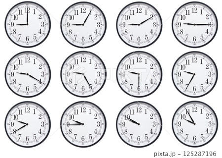 A sequence of 12 analog clocks showing each hour from 09:00 to 09:55 or 21:00 to 21:55. Clean white background ideal for concepts related to time, punctuality, or scheduling 125287196