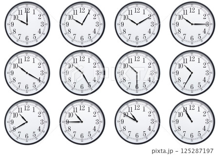 A sequence of 12 analog clocks showing each hour from 10:00 to 10:55 or 22:00 to 22:55. Clean white background ideal for concepts related to time, punctuality, or scheduling A sequence of 12 analog clocks showing each hour from 10:00 to 10:55 or 22:00 to 22:55. Clean white background ideal for concepts related to time, punctuality, or scheduling 125287197