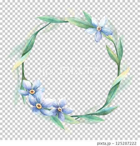 Blue flowers forget-me-not blossom wreath. Elegant floral spring circle template with myosotis twig Perfect frame for romantic, botanical wedding or love themes, seasonal greeting card, retro postcard 125287222