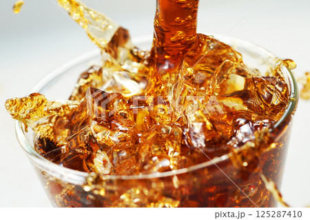グラスに勢いよく注がれるアイスコーヒーとスプラッシュ グラスに勢いよく注がれるアイスコーヒーとスプラッシュ 125287410