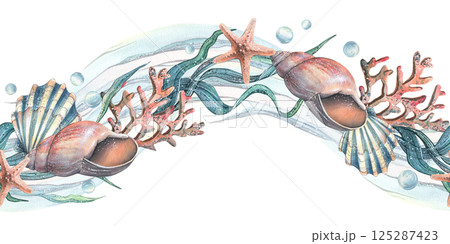 Seashells, seaweed, starfish, corals, sea sponges and pebbles, bubbles. Marine watercolor illustration of the underwater world drawn by hand. Seamless pattern border isolated from the background. 125287423
