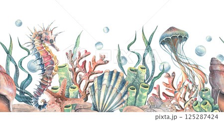 Jellyfish, seahorse, seashells, seaweed, starfish, corals, sea sponges and pebbles, bubbles. Marine watercolor illustration of the underwater world hand drawn. Seamless pattern horizontal border Jellyfish, seahorse, seashells, seaweed, starfish, corals, sea sponges and pebbles, bubbles. Marine watercolor illustration of the underwater world hand drawn. Seamless pattern horizontal border 125287424