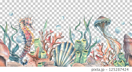 Jellyfish, seahorse, seashells, seaweed, starfish, corals, sea sponges and pebbles, bubbles. Marine watercolor illustration of the underwater world hand drawn. Seamless pattern horizontal border 125287424