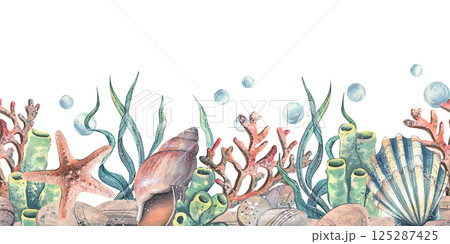 Seashells, seaweed, starfish, corals, sea sponges and pebbles, bubbles. Marine watercolor illustration of the underwater world drawn by hand. Seamless pattern border isolated from the background. 125287425