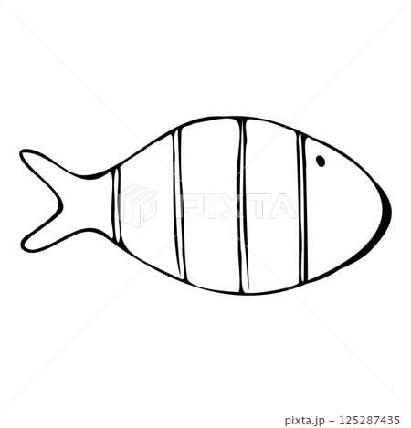 Small round fishes of simple shape with rustic patterns. Graphic line art hand drawn on the theme of sea and fishing in black and white ink. Separate element isolated from the background EPS vector Small round fishes of simple shape with rustic patterns. Graphic line art hand drawn on the theme of sea and fishing in black and white ink. Separate element isolated from the background EPS vector 125287435