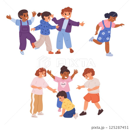 Kids bullying their friend. Taunts from boys and girls. Aggressive group behavior to victim. School abuse. Communication violence. Bully sad child crying and escaping. Vector concept 125287451