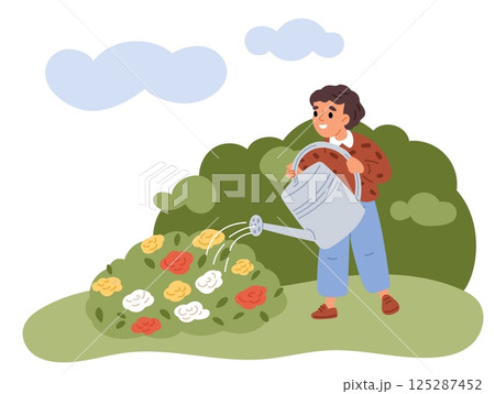 Little boy watering flowers in garden. Young gardener. Kid caring of plant blossoms. Backyard flowerbed. Agriculture work. Gardening hobby. Happy child growing sprouts. Vector concept 125287452