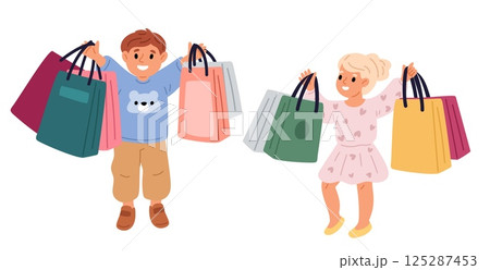 Little girl and boy holding shopping bags. People carrying handbags from shop. Mall purchases. Happy customers smile. Store buyers. Children standing with boutique packs. Vector concept 125287453