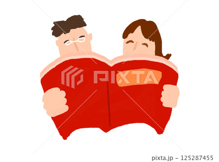 仲良くカタログ、パンフレット、本を読む2人、夫婦、恋人同士のイラスト(JPEG/PNG) 仲良くカタログ、パンフレット、本を読む2人、夫婦、恋人同士のイラスト(JPEG/PNG) 125287455