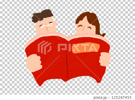 仲良くカタログ、パンフレット、本を読む2人、夫婦、恋人同士のイラスト(JPEG/PNG) 仲良くカタログ、パンフレット、本を読む2人、夫婦、恋人同士のイラスト(JPEG/PNG) 125287455