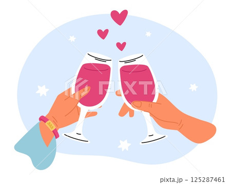 Loving couple. Man and woman holding red wine glasses. Romantic dating. Valentine meeting. Love hearts. Relationship anniversary toast. Hands clink wineglasses together. Vector concept 125287461