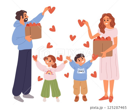 Loving parents shower their children with hearts and love. Parenthood happiness. Positive family relationship. Couple throw confetti from box. Man and woman with kids. Vector concept 125287465
