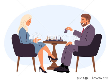 Man and woman playing chess. Contest between two sexes. Checkmate strategy. Gender conflict. People rivalry. Figures at chessboard. Business competition. Challenge game. Vector concept 125287466
