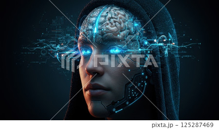 A humanoid figure stands in a dark environment, with a visible, intricate network of digital circuits emanating from its head. The figure has glowing blue eyes that project an aura of technology and 125287469