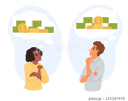 Man and woman sitting pensive and thinking about money. Financial success. Banknotes and coins heap. People daydreaming. Finance savings. Wealth earning. Thoughtful persons. Vector concept Man and woman sitting pensive and thinking about money. Financial success. Banknotes and coins heap. People daydreaming. Finance savings. Wealth earning. Thoughtful persons. Vector concept 125287470