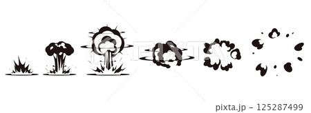 Step by step animation of origin or extinguishment explosion. Bomb boom exploding effect. Weapon attack. Comic dynamite detonation stages. Burst graphic silhouette elements vector set 125287499