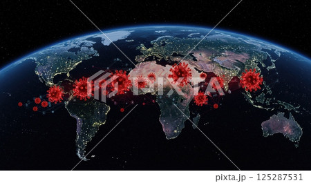 A captivating digital representation illustrates the worldwide distribution of viruses, showcasing highlighted regions impacted by outbreaks. The design emphasizes continents, oceans, and the 125287531