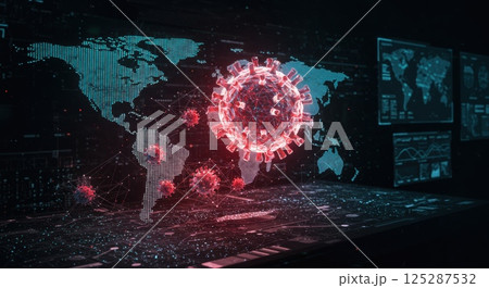 A detailed visualization highlights the global spread of the coronavirus through a digital map featuring infection hotspots. Colorful representations of the virus are superimposed on the world map A detailed visualization highlights the global spread of the coronavirus through a digital map featuring infection hotspots. Colorful representations of the virus are superimposed on the world map 125287532