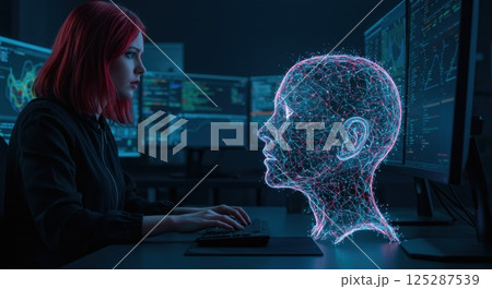 A female programmer with vibrant red hair is seated in a dimly lit tech workspace, focused intently on her computer screen. Around her, multiple monitors display complex data and coding projects. In 125287539