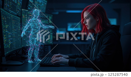 A person with vibrant red hair works intently at multiple monitors in a dimly lit environment. They engage with advanced technology as a holographic figure emerges from the computer screen 125287540