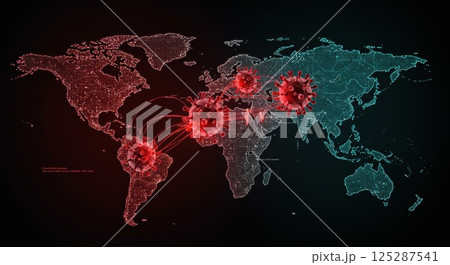 A digital representation of a world map displays the global spread of viruses, with specific areas marked in red to highlight hotspots. Each region is interconnected by glowing lines, indicating the 125287541