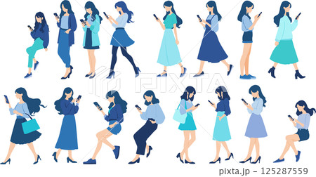 スマホを触る女性たちのイラストセット 125287559