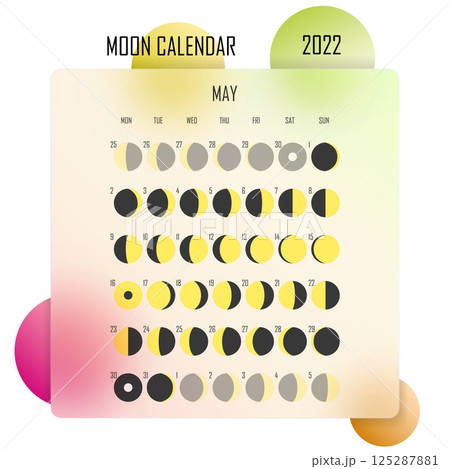 May 2022 Moon calendar. Astrological calendar design. planner. Place for stickers. Month cycle planner mockup. Isolated colorful glassmorphism background 125287881
