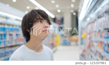白いTシャツで商品を探す若い男性の上向きの視線 | 明るい店内空間 125287961