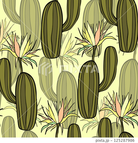 Seamless pattern with cacti, blooming succulent on color background. Vector hand drawn illustration for packaging, fabric, textile. Wild west cactus, western concept 125287986