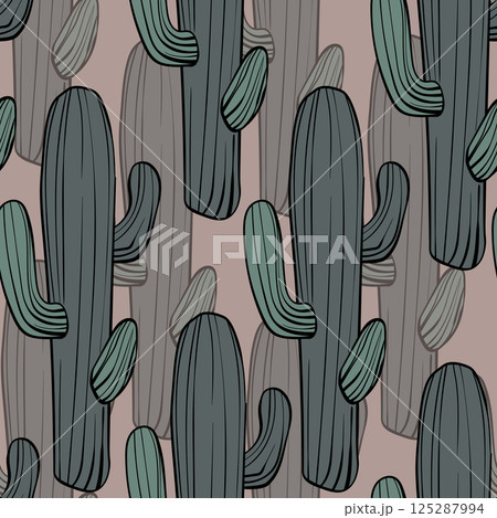 Seamless pattern with cacti, blooming succulent on color background. Vector hand drawn illustration for packaging, fabric, textile. Wild west cactus, western concept 125287994