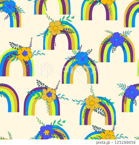 Trendy seamless pattern with colorful rainbow on color background. Design for invitation, poster, card, fabric, textile, fabric. Cute holiday illustration for baby. Scandinavian doodle style Trendy seamless pattern with colorful rainbow on color background. Design for invitation, poster, card, fabric, textile, fabric. Cute holiday illustration for baby. Scandinavian doodle style 125288058