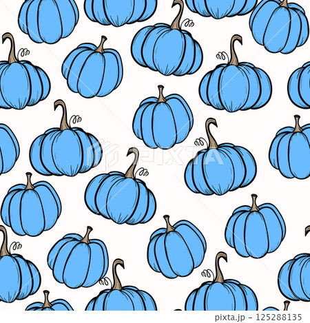 Seamless pattern with pumpkins on color background. Vector hand drawn sketched pumpkin. Autumn illustration for holidays, Halloween. Various food items in doodle style 125288135