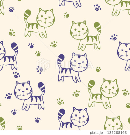 Seamless pattern with cute kitten print. Different scandy cats on color background. Scandinavian style illustration for kids. Vector illustration for fabric, textile, wallpaper, home clothing, pajama 125288168