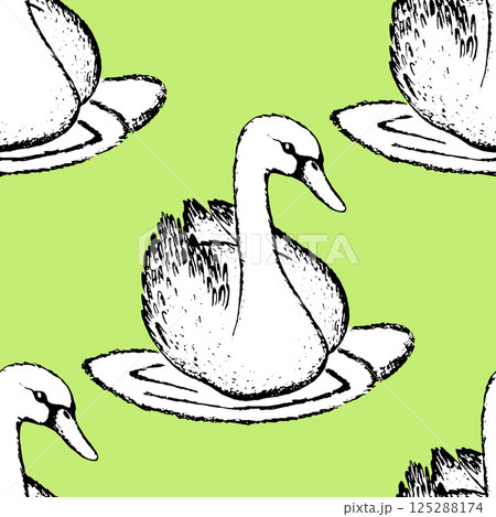 Seamless pattern with funny swan birds. Flat vector illustration with cartoon bird silhouette. Cute characters. Design for invitation, poster, card, textile, fabric 125288174