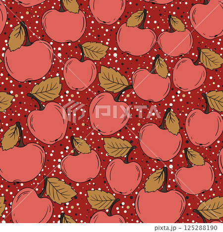 Seamless pattern with apple on color background. Natural delicious fresh ripe tasty fruit. Vector illustration for print, fabric, textile, banner, design. Stylized apples with leaves. Food concept 125288190