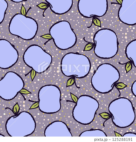 Seamless pattern with apple on color background. Natural delicious fresh ripe tasty fruit. Vector illustration for print, fabric, textile, banner, design. Stylized apples with leaves. Food concept Seamless pattern with apple on color background. Natural delicious fresh ripe tasty fruit. Vector illustration for print, fabric, textile, banner, design. Stylized apples with leaves. Food concept 125288191