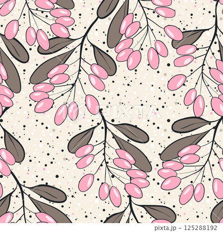 Seamless pattern with sea buckthorn. Natural fresh ripe tasty berries. Vector illustration for background, packaging, textile, fabric and various other designs Seamless pattern with sea buckthorn. Natural fresh ripe tasty berries. Vector illustration for background, packaging, textile, fabric and various other designs 125288192
