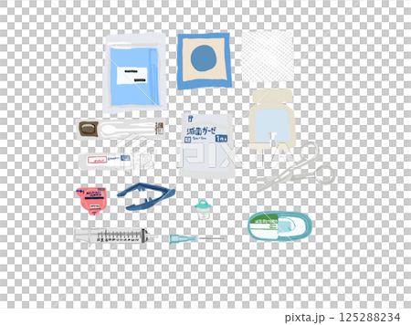 Illustration of medical treatment set equipment (gauze, syringe, tweezers, scissors, etc.) 125288234
