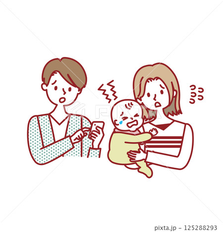 泣き止まない赤ちゃんとスマホで検索するパパ 125288293