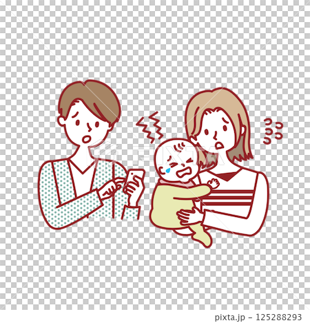 A baby who won't stop crying and a dad searching on his smartphone 125288293