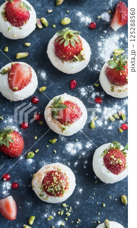 Delicious strawberry meringues with pistachios on dark background 125288560