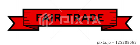 Ribbon label banner with word fair trade in red color on white background 125288665